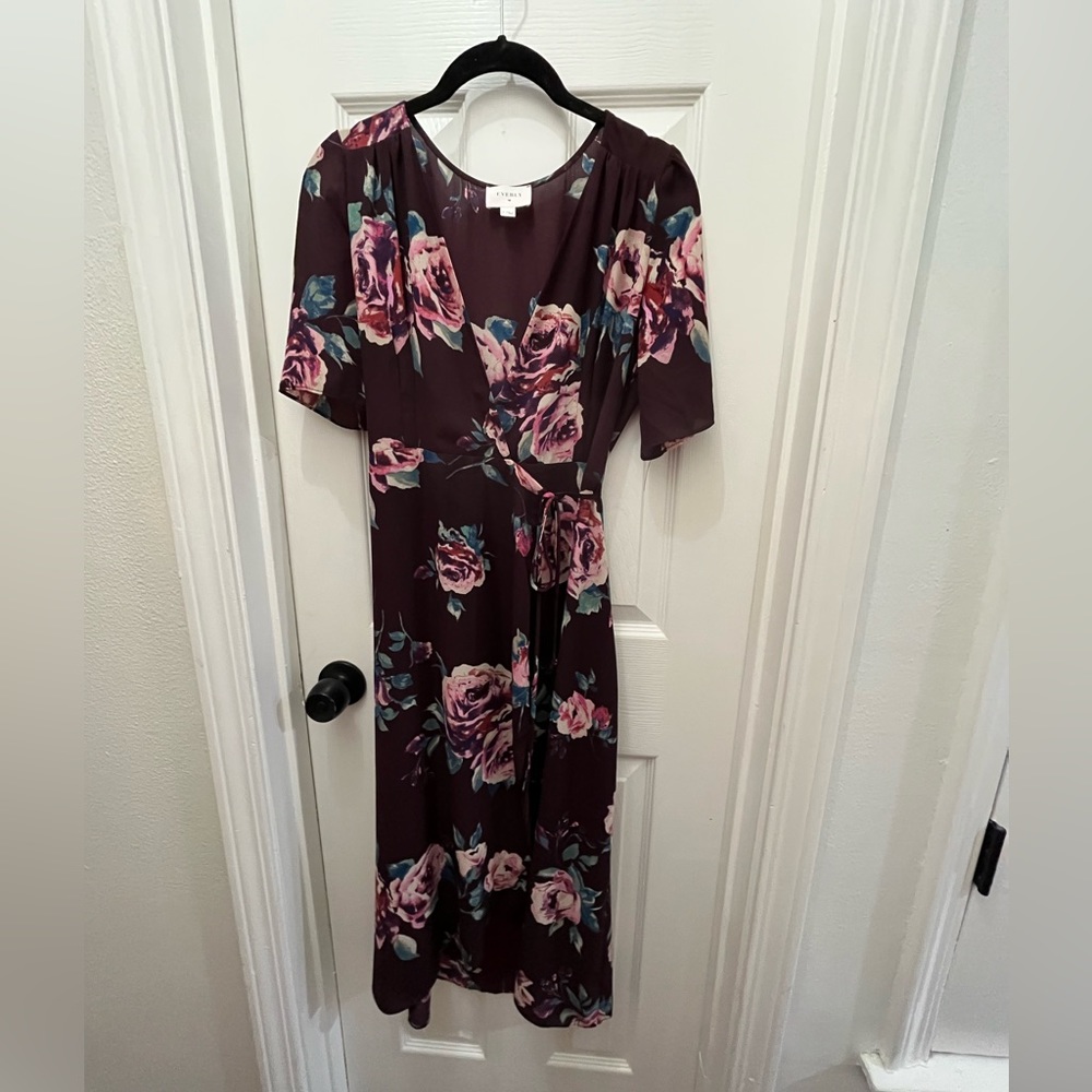 Dark Purple Floral Midi Wrap Dress